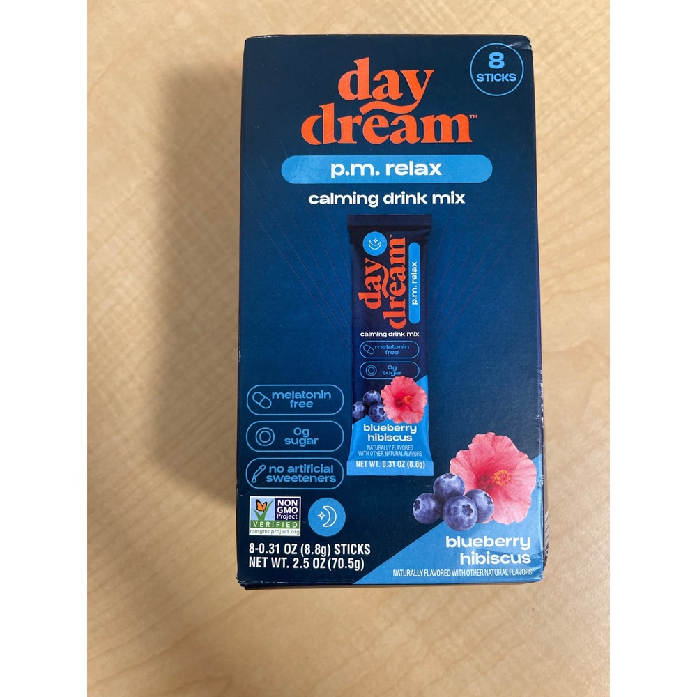 Daydream PM Relax Calming Drink Mix Blueberry Hibiscus 8 Sticks Melatonin Free